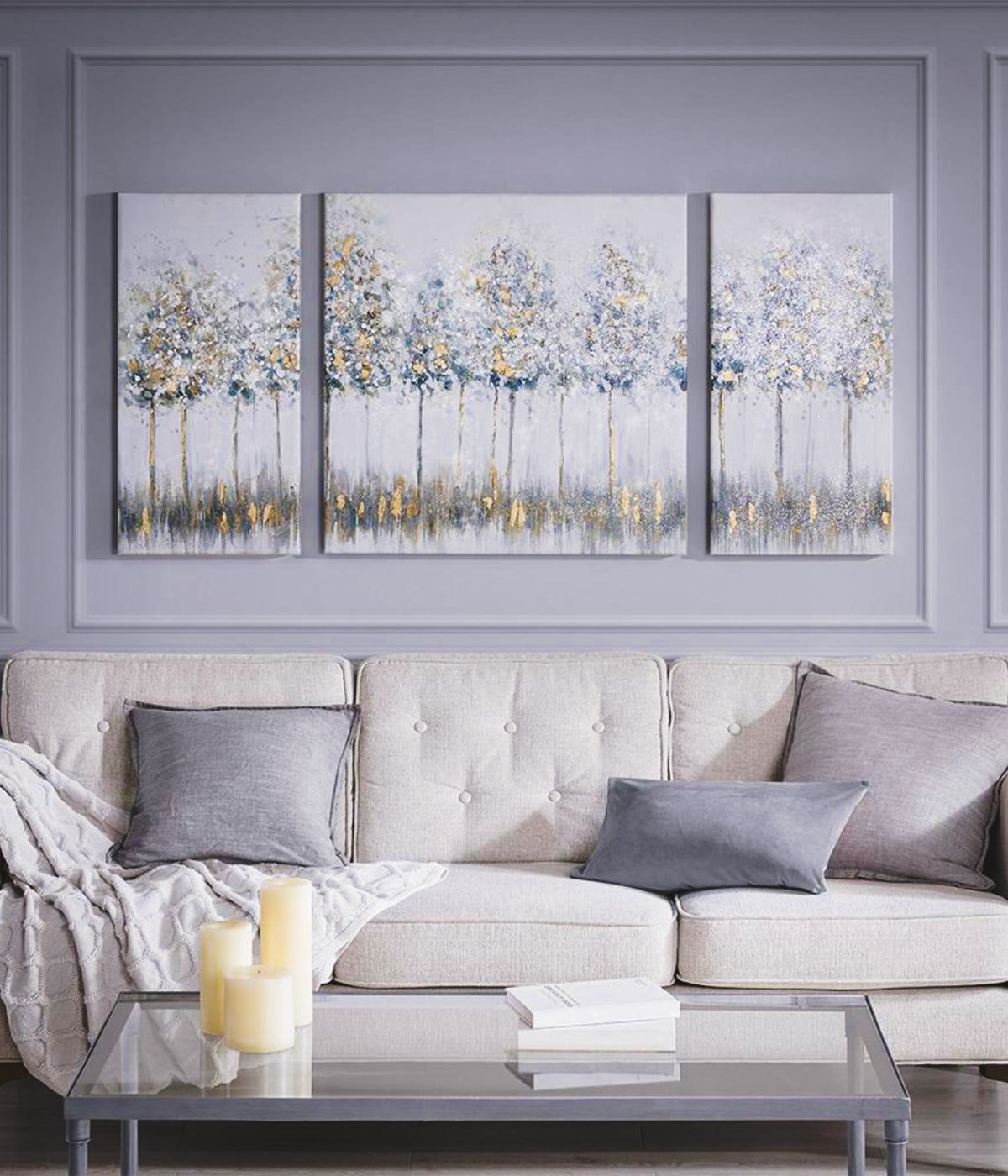 Gold Foil Triptych Canvas Wall Art Set – Modern Abstract 3-Piece Blue & Grey Landscape for Living Room & Bedroom Decor