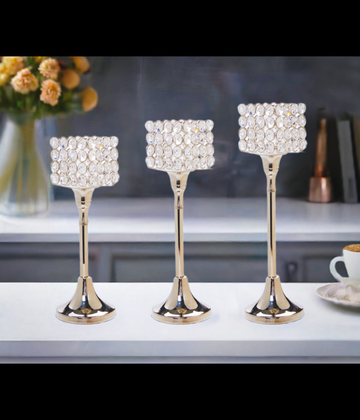 Vibhsa Crystal Aluminium Candle Holder Set of 3 – Luxury Silver Pillar & Tealight Candle Stand for Home Décor