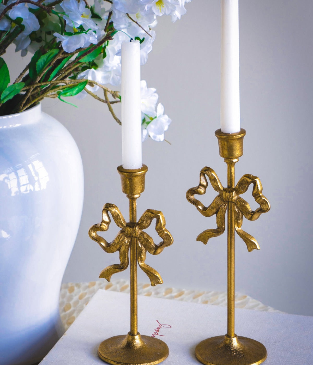 Gold Cast Iron Candle Holder Set of 2 – Elegant Vintage Bow Design for Home Décor