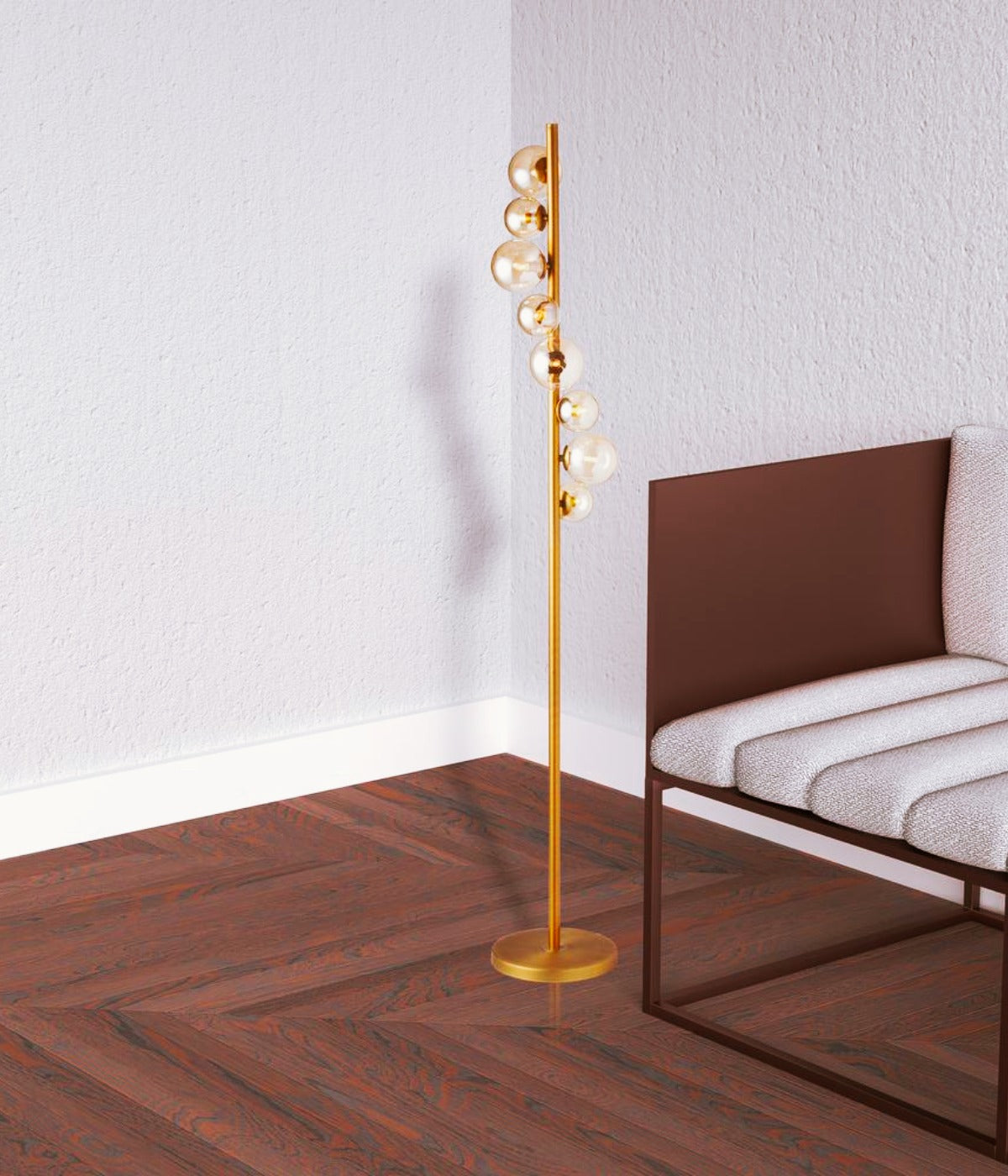 8-Light Champagne Glass Globe Floor Lamp – Modern Linear Metal Statement Lighting