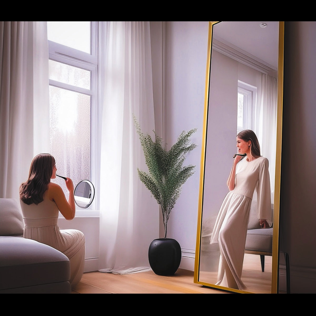 Glendora Smart LED Standing Mirror with Bluetooth Speaker – Full-Length Dimmable 3-Color Lighting (Black Frame)