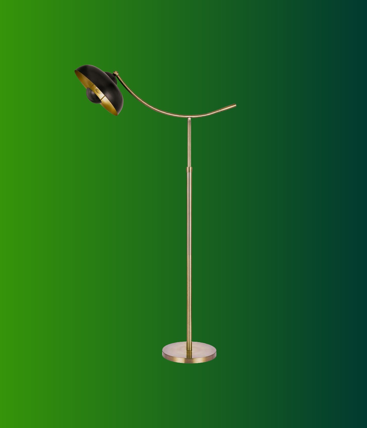 “Modern antique brass floor lamp with adjustable arc arm and black shade on a green background.”