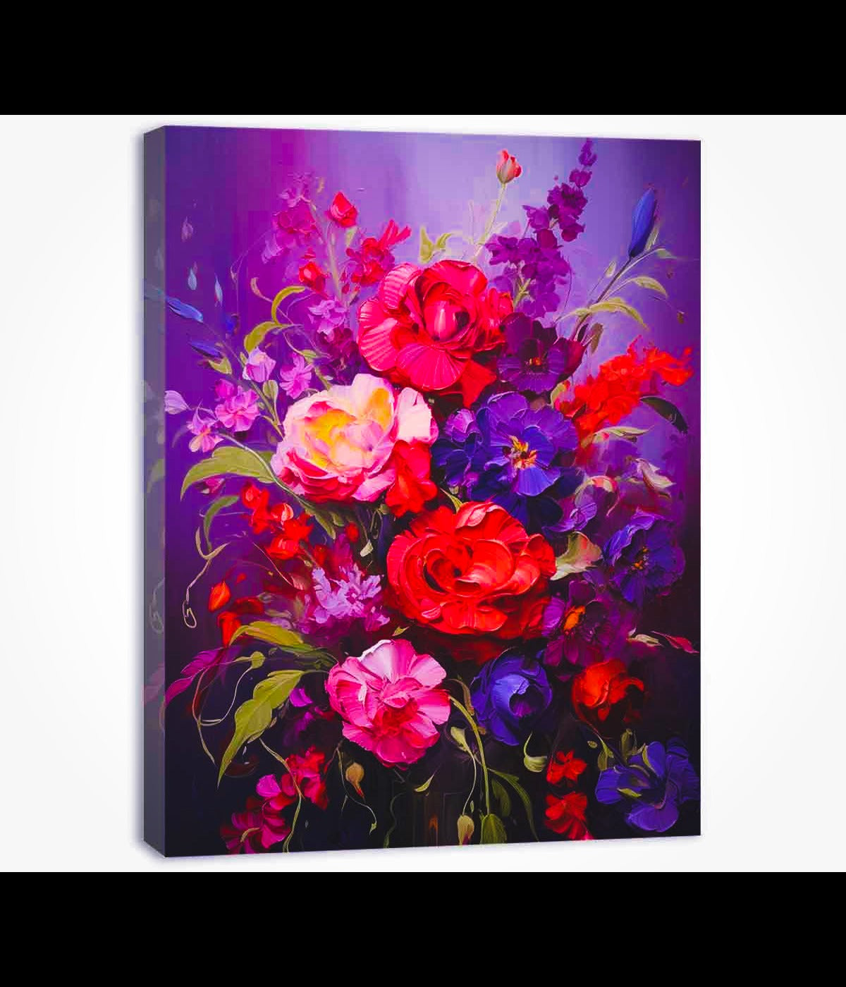 “Vibrant purple and red floral bouquet canvas print featuring pink, red, and violet flowers on a modern artistic background.”
