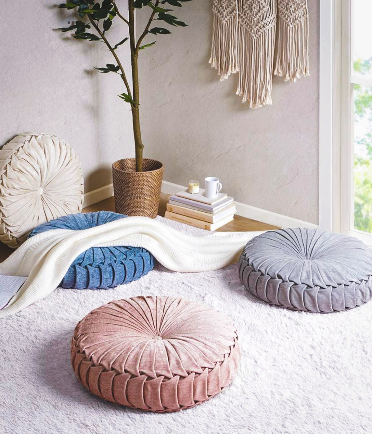 Poly Chenille Round Floor Pillow Cushion – Soft Textured 22” Tufted Floor Pouf by Sundara Casa