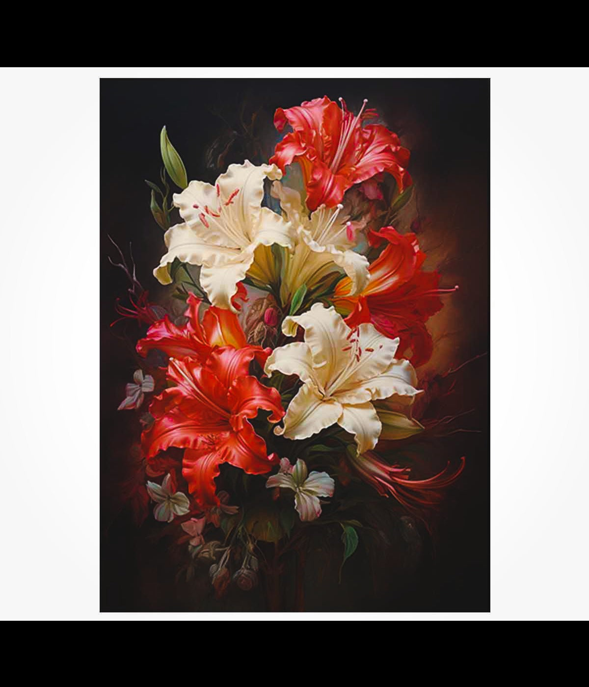 Red and white floral canvas art print featuring vibrant lilies on a dark artistic background.