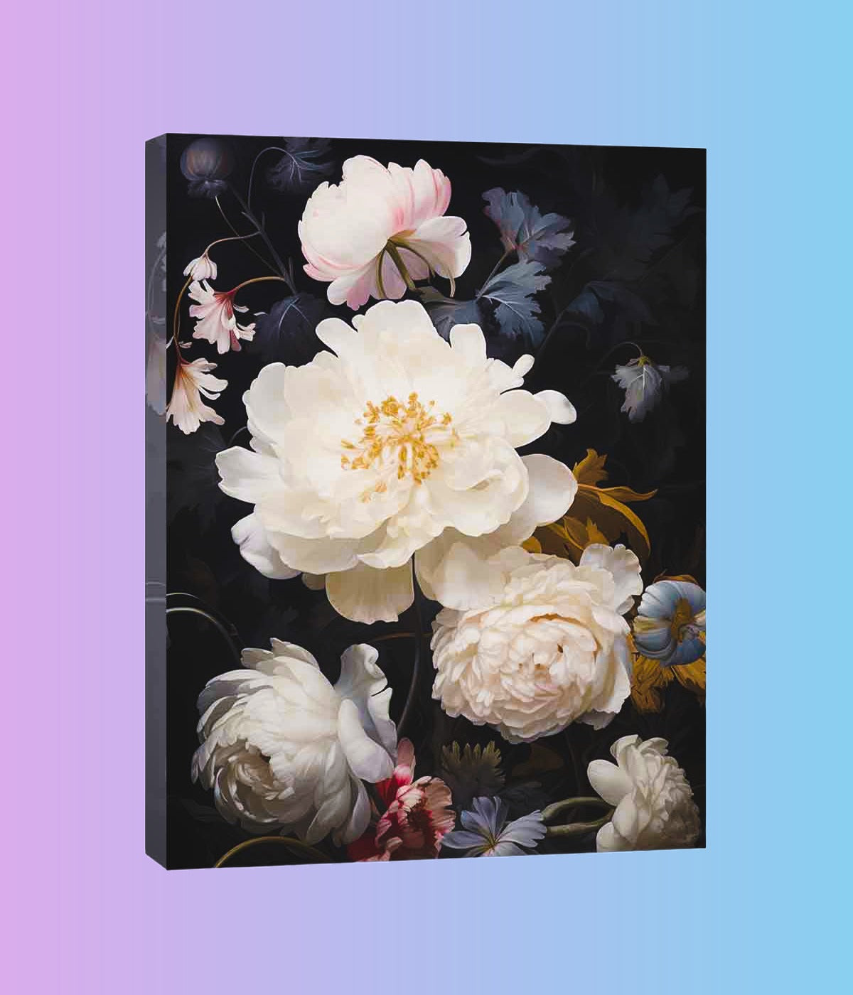 “White peony floral canvas art print featuring soft cream blooms and delicate petals on a dark botanical background.”