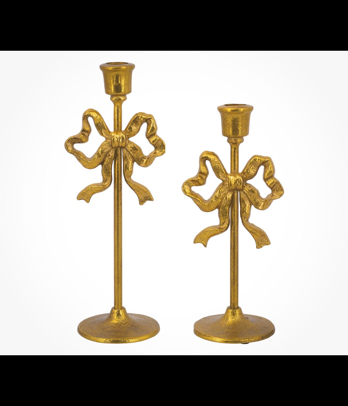Gold cast iron candle holders with elegant bow design, set of two, displayed on a white background.