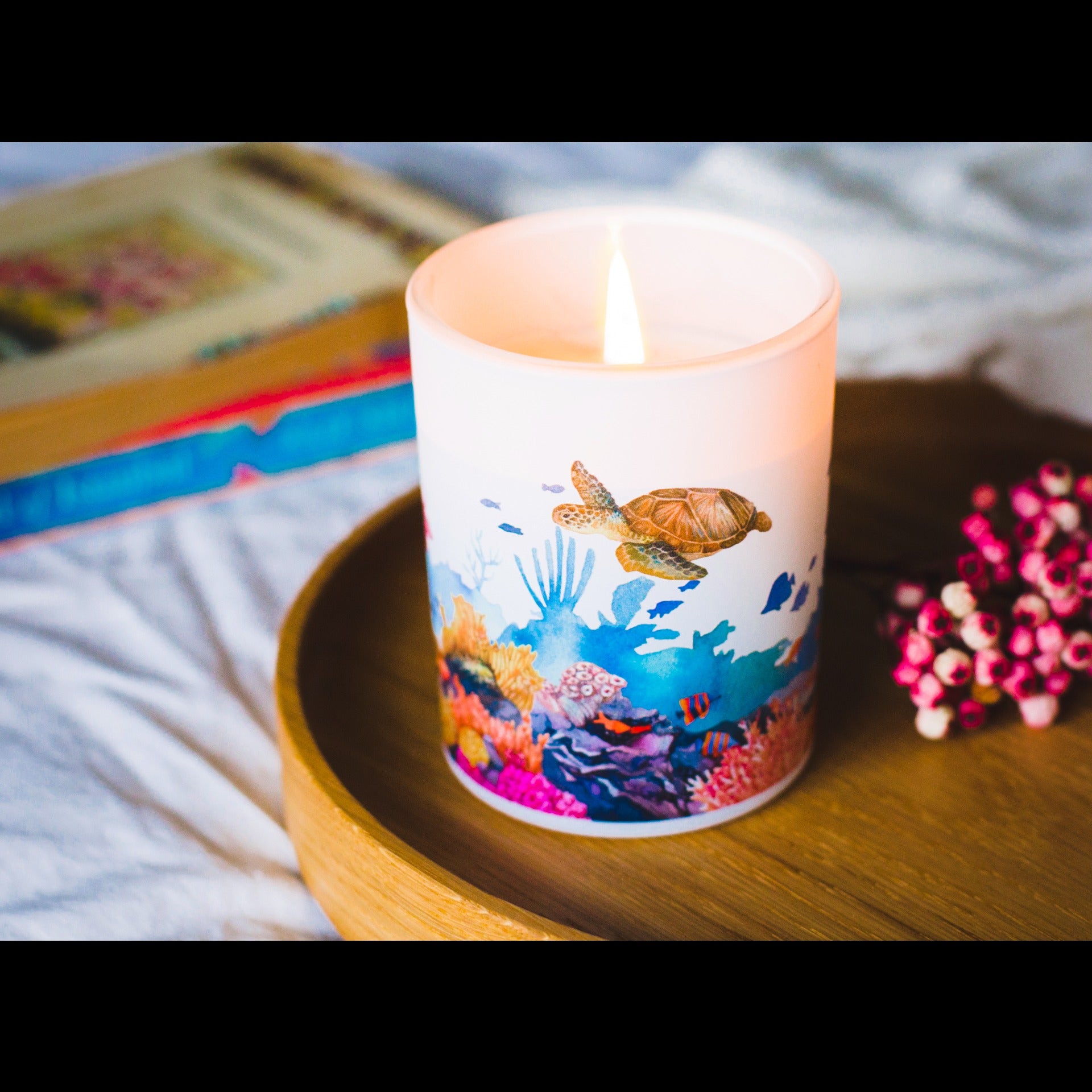 Luxury eco soy candle with marine life design, hand-poured natural wax in reusable glass – Sundara Casa.