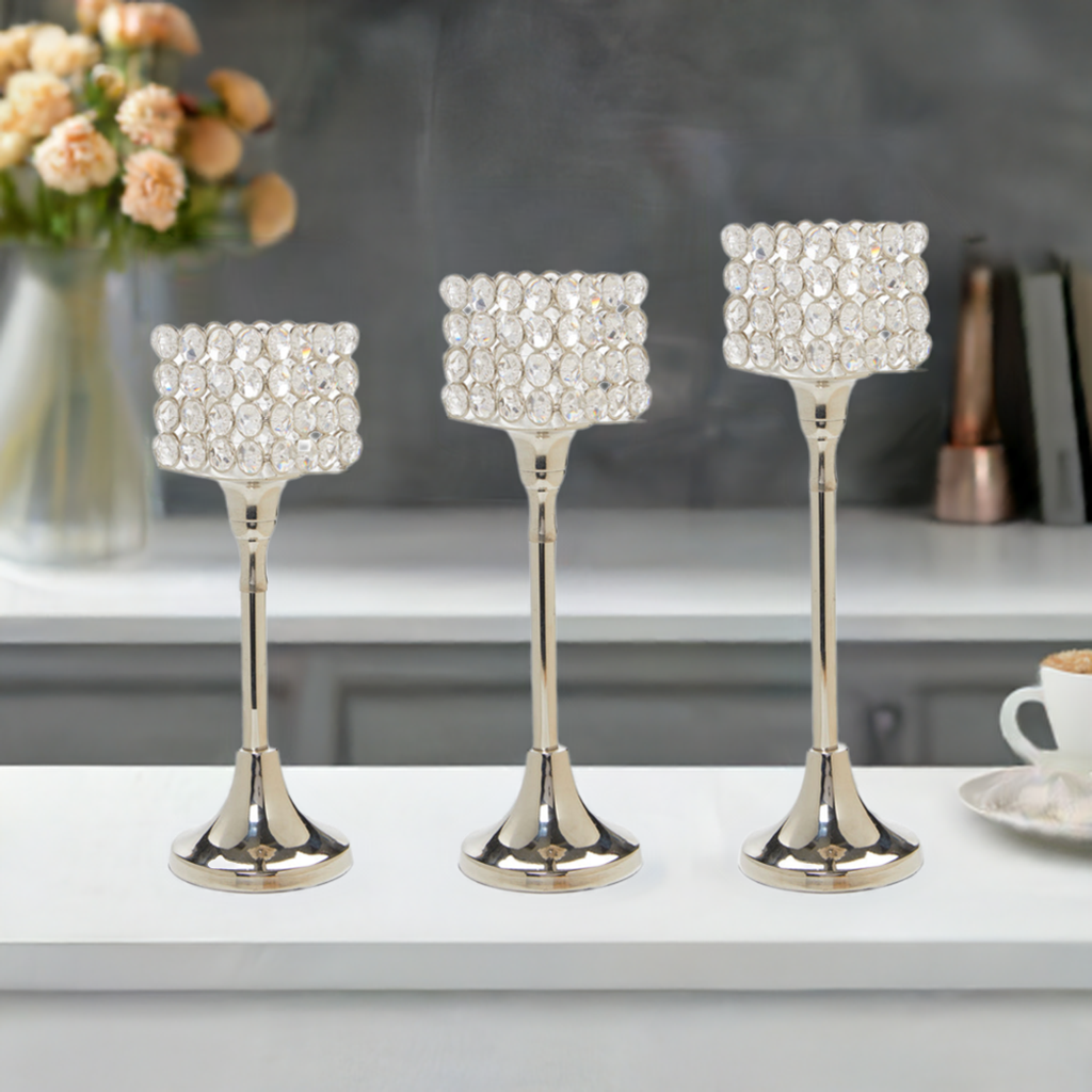 Vibhsa Crystal Aluminium Candle Holder Set of 3 – Luxury Silver Pillar & Tealight Candle Stand for Home Décor
