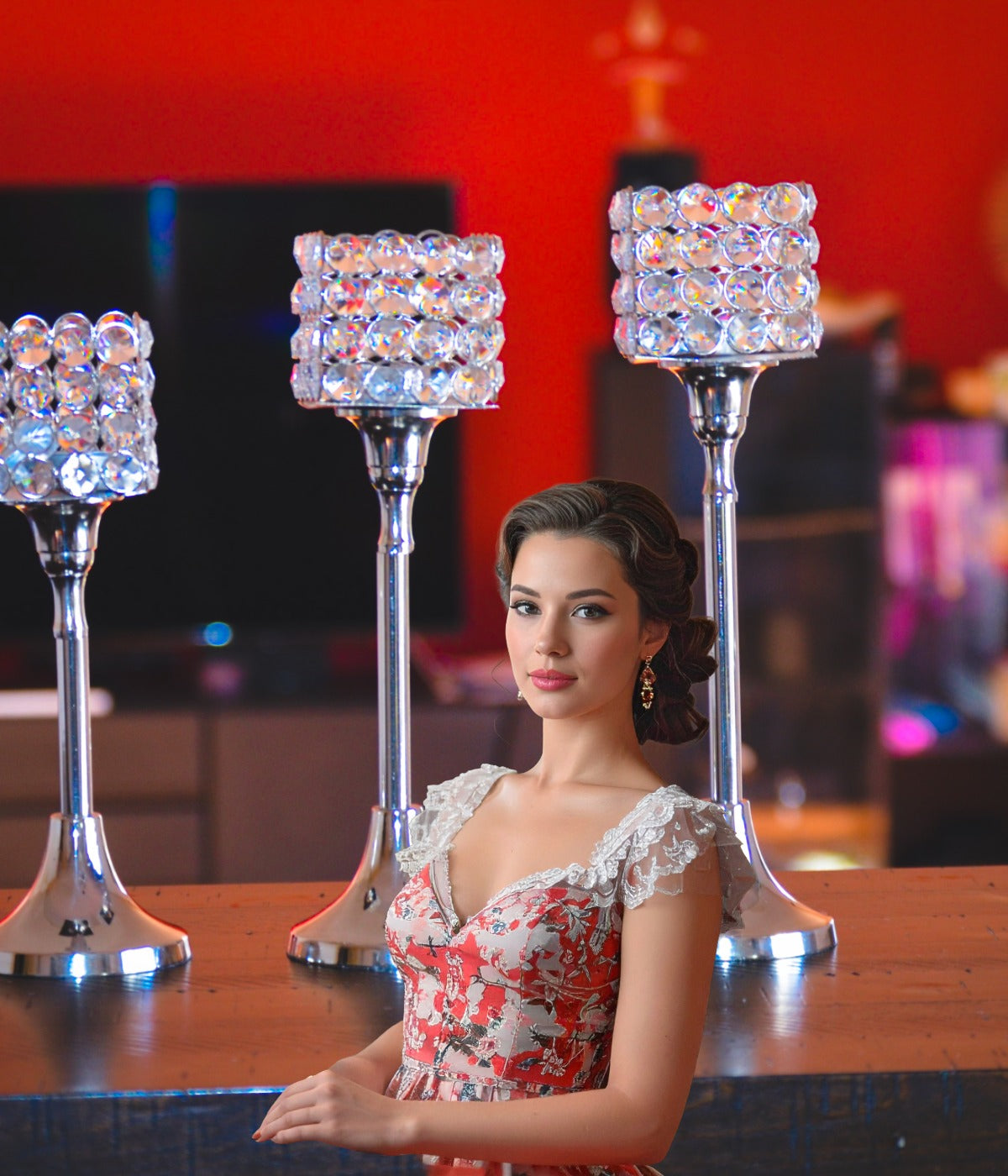 Vibhsa Crystal Aluminium Candle Holder Set of 3 – Luxury Silver Pillar & Tealight Candle Stand for Home Décor