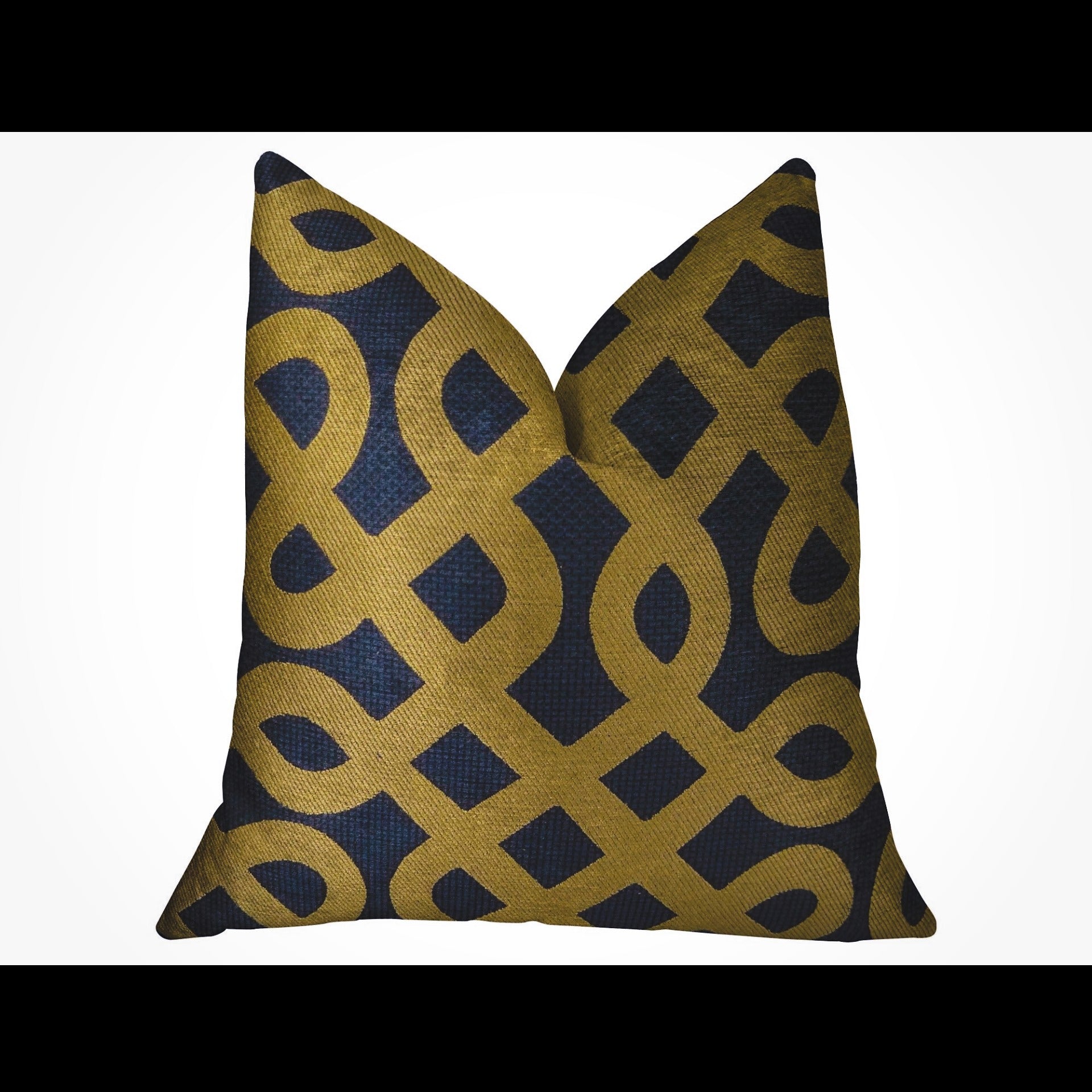 Elegant decorative throw pillow with gold and navy geometric pattern on a white background, ideal for modern living rooms or bedrooms