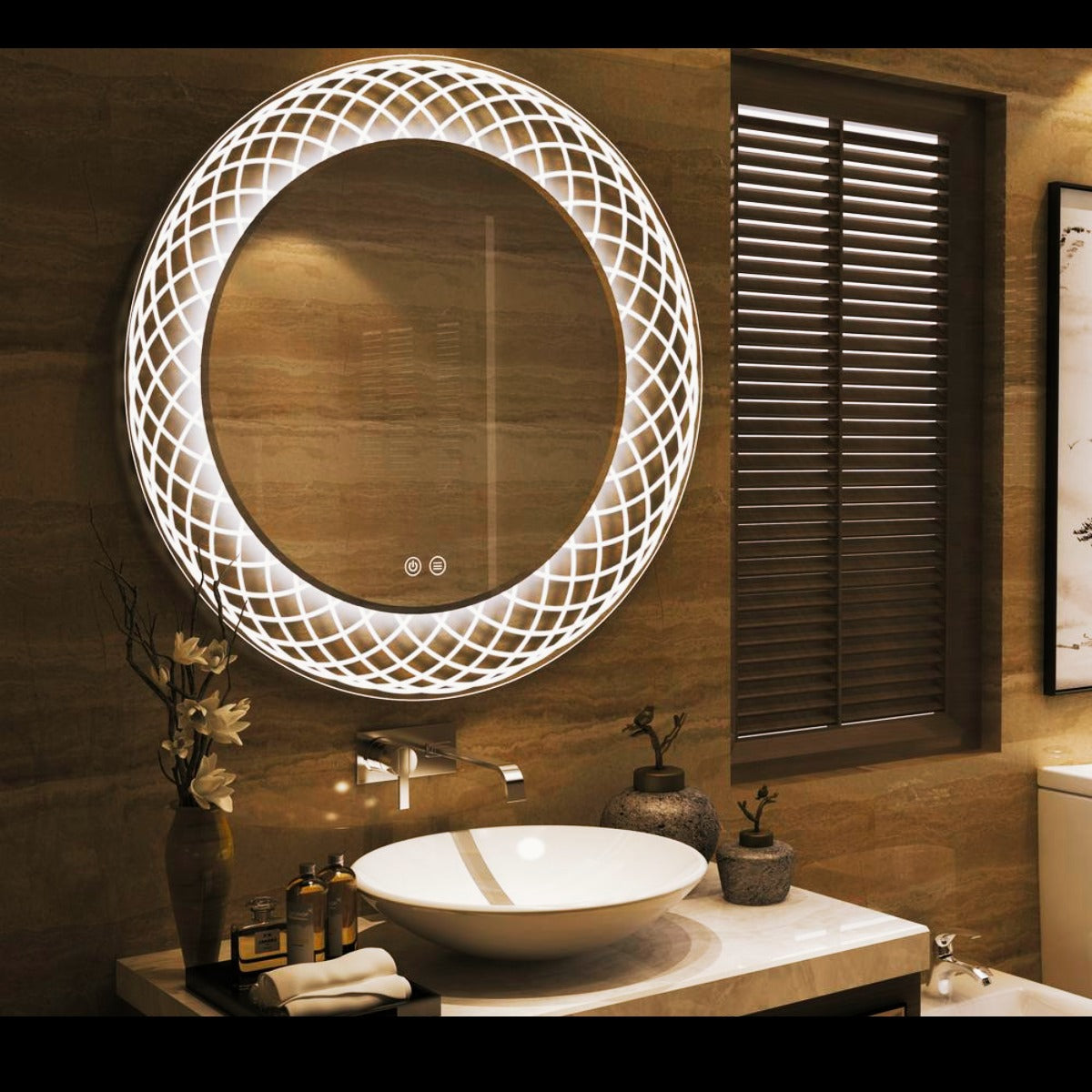 Luxury round backlit smart LED mirror illuminating a modern bathroom vanity with elegant decor by Sundara Casa