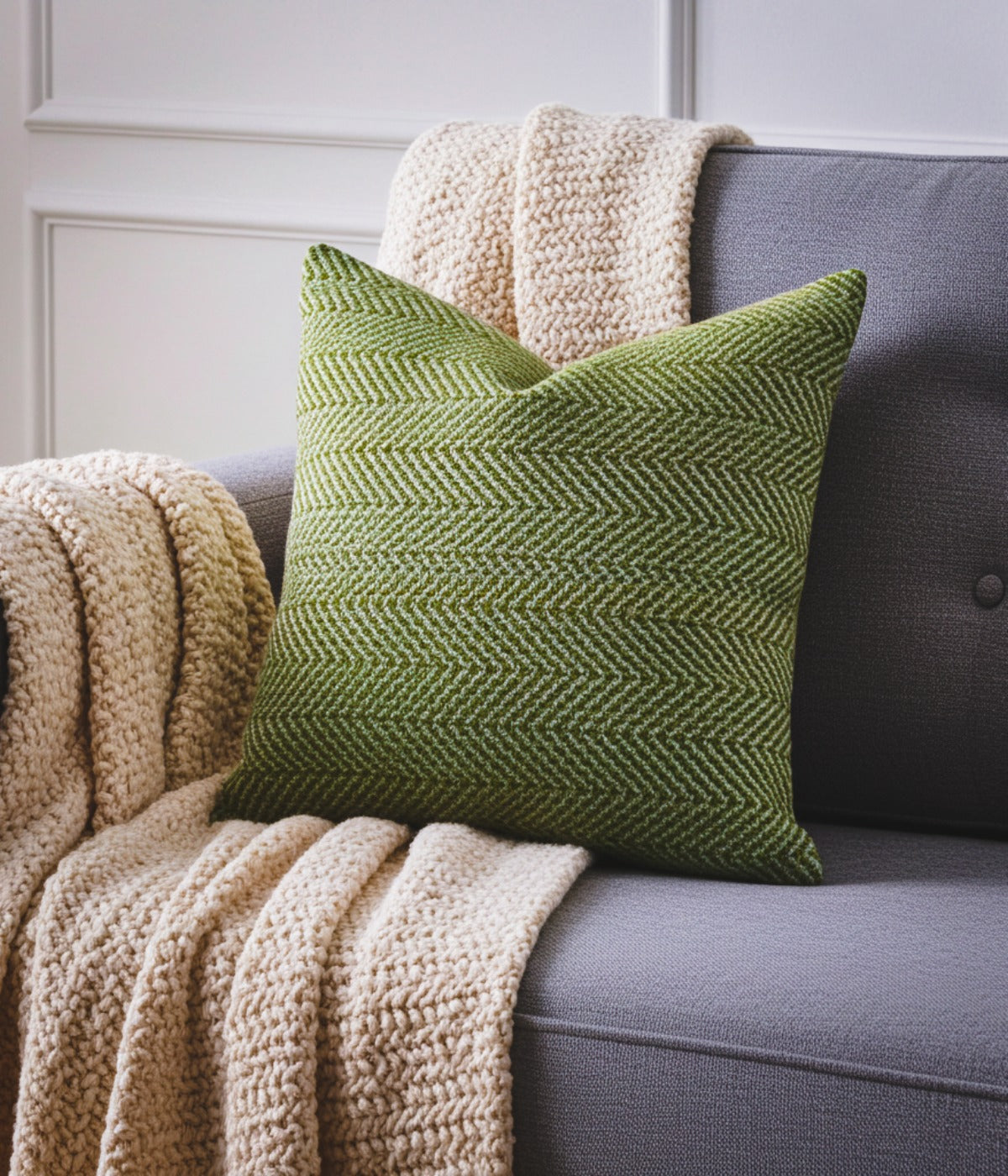 Upland Light Green & Ivory Handmade Luxury Pillow – Double-Sided Designer Chevron Cushion by Sundara Casa