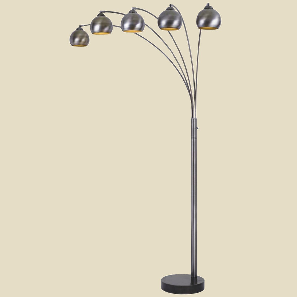 Modern 5-head arc floor lamp in antique silver finish with adjustable arms on a beige background – Sundara Casa
