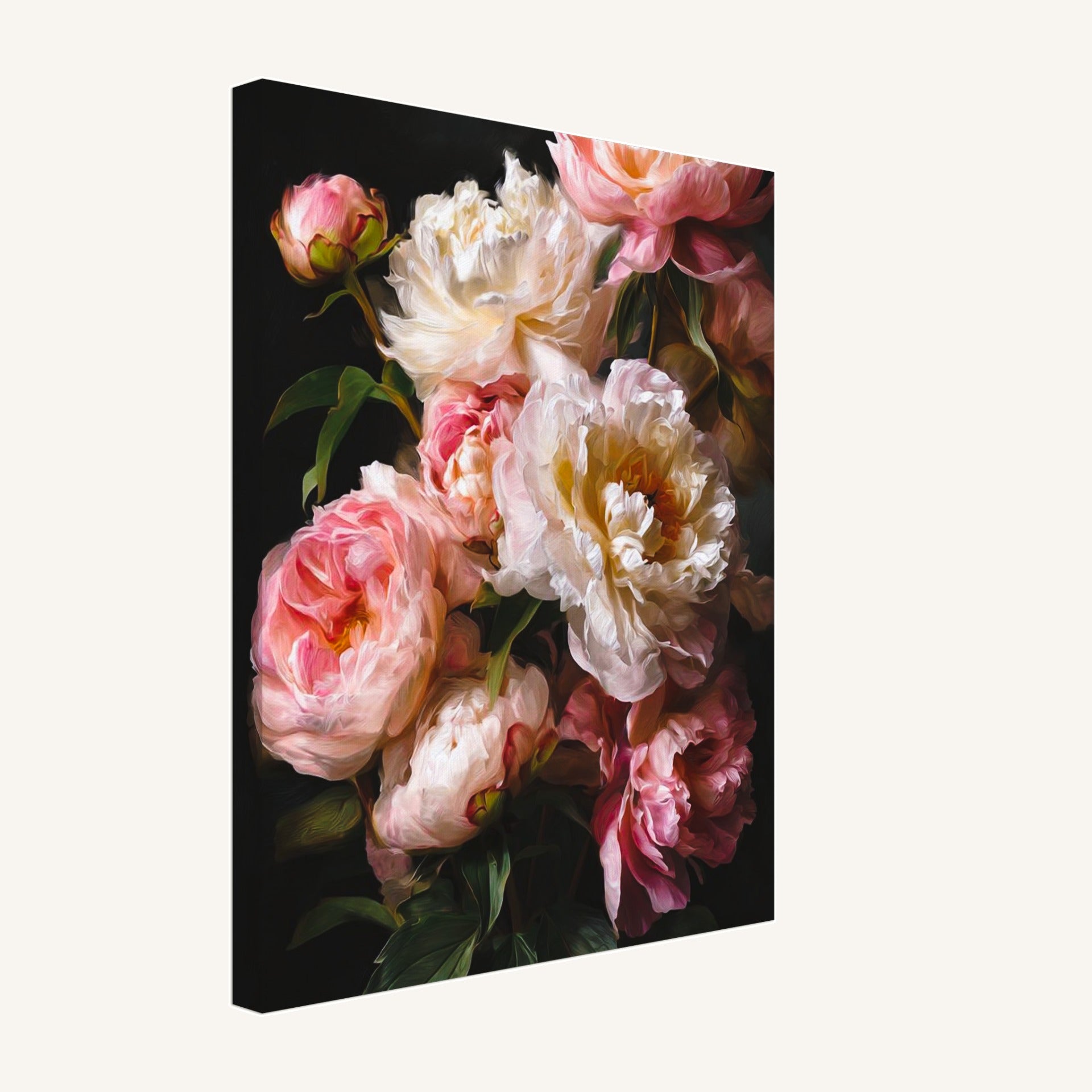 Blush and ivory peony flowers luxury floral canvas wall art on a deep black background, elegant statement artwork for modern interiors