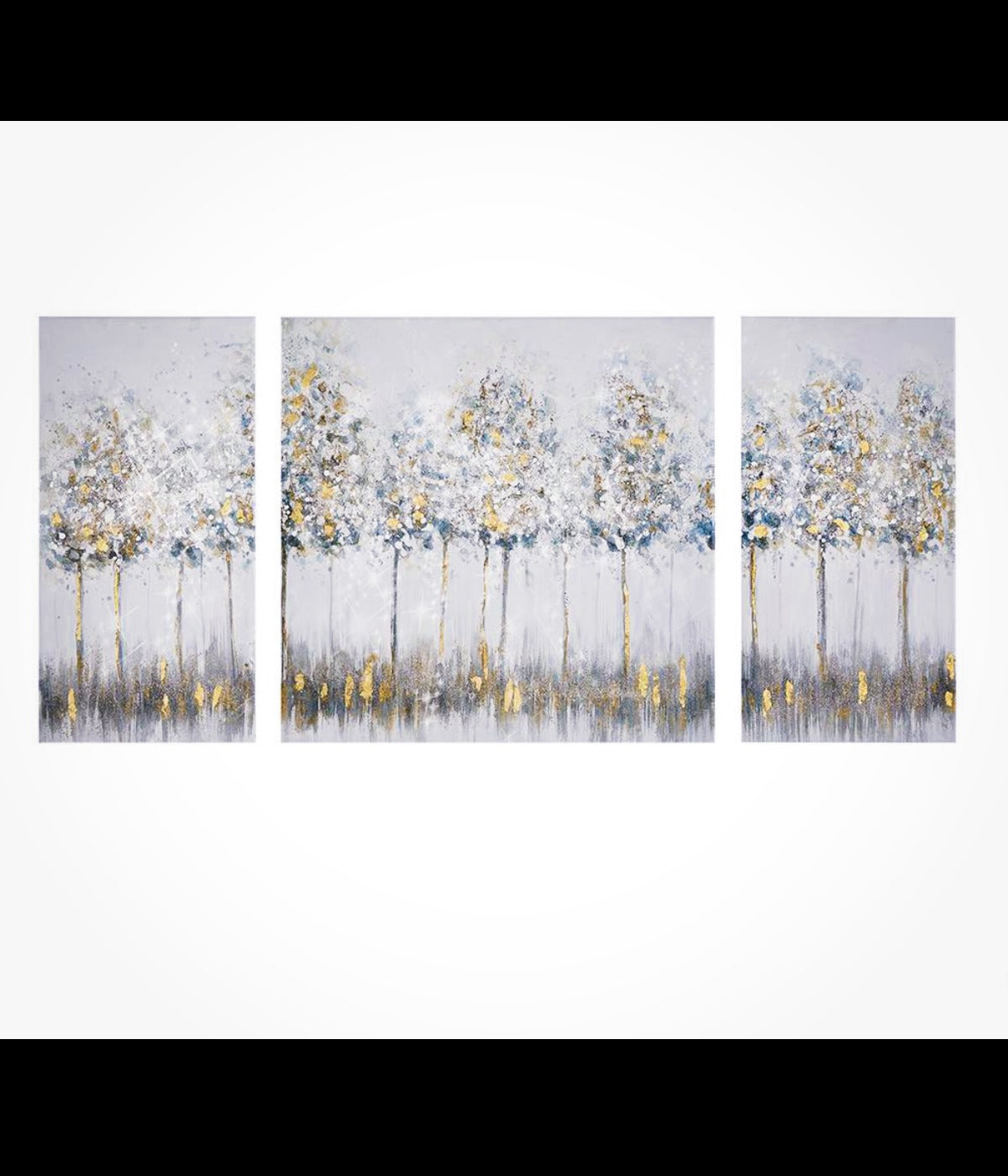 Abstract snowy forest triptych artwork with white, blue, and gold textured trees on three canvas panels