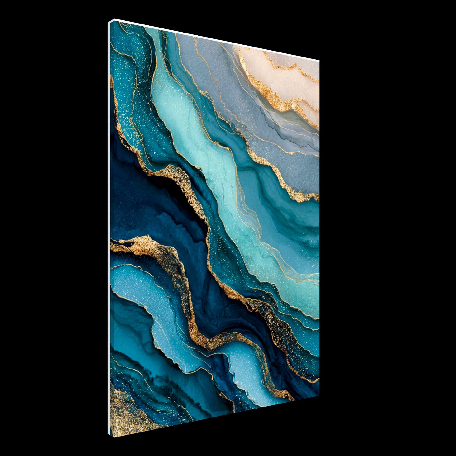 Luxury abstract canvas wall art featuring flowing blue and teal layers with radiant gold veining, modern statement artwork for upscale interiors