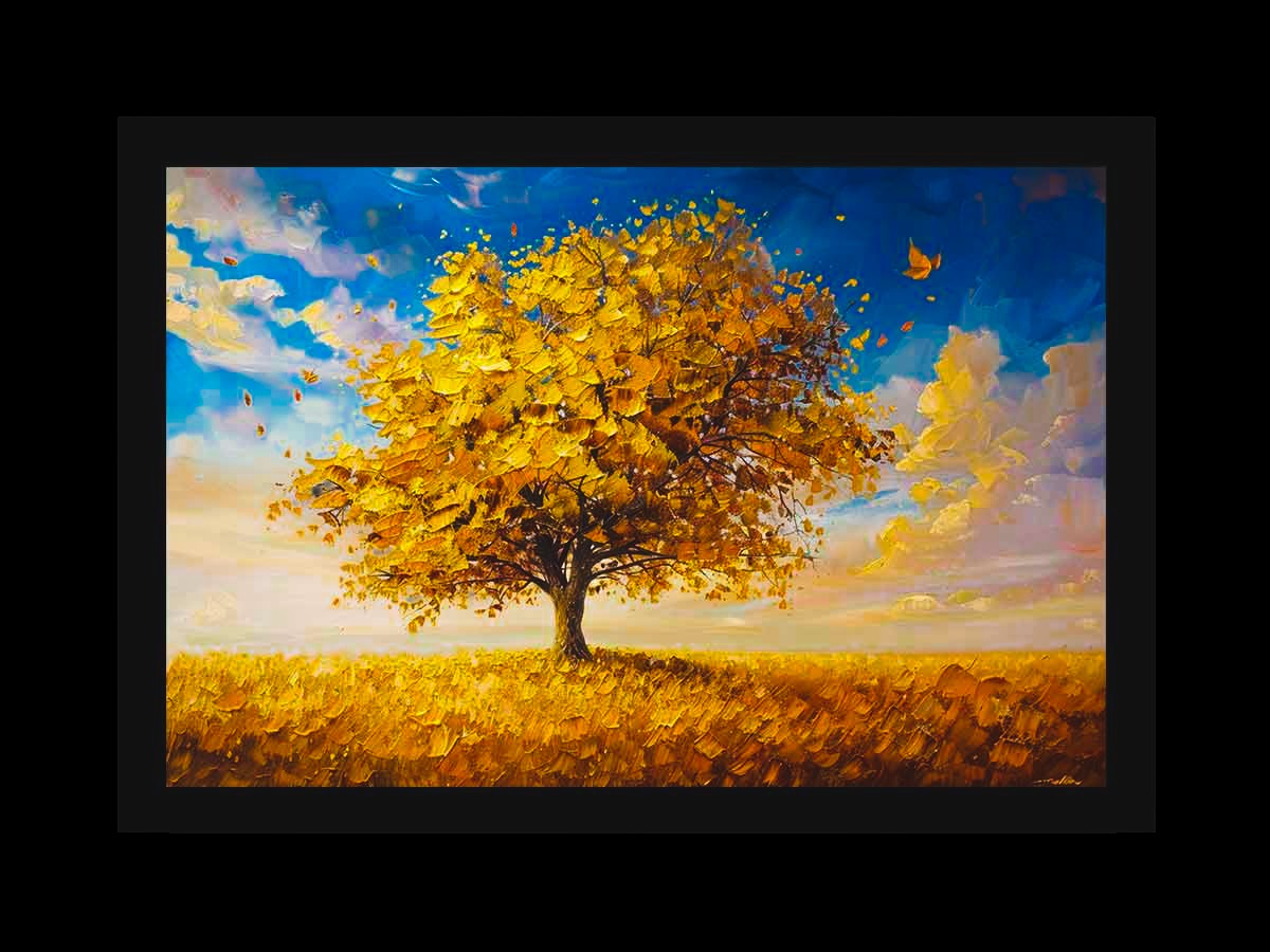 Luxury gold tree canvas wall art with yellow leaves and blue sky by Sundara Casa nature-inspired home décor.