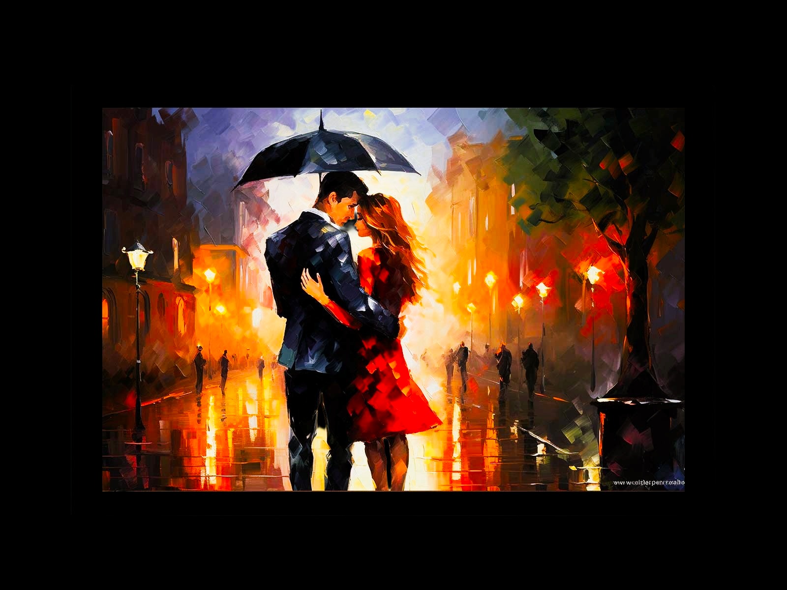 Luxury romantic wall art of a couple under an umbrella in a glowing street scene – canvas painting by Sundara Casa