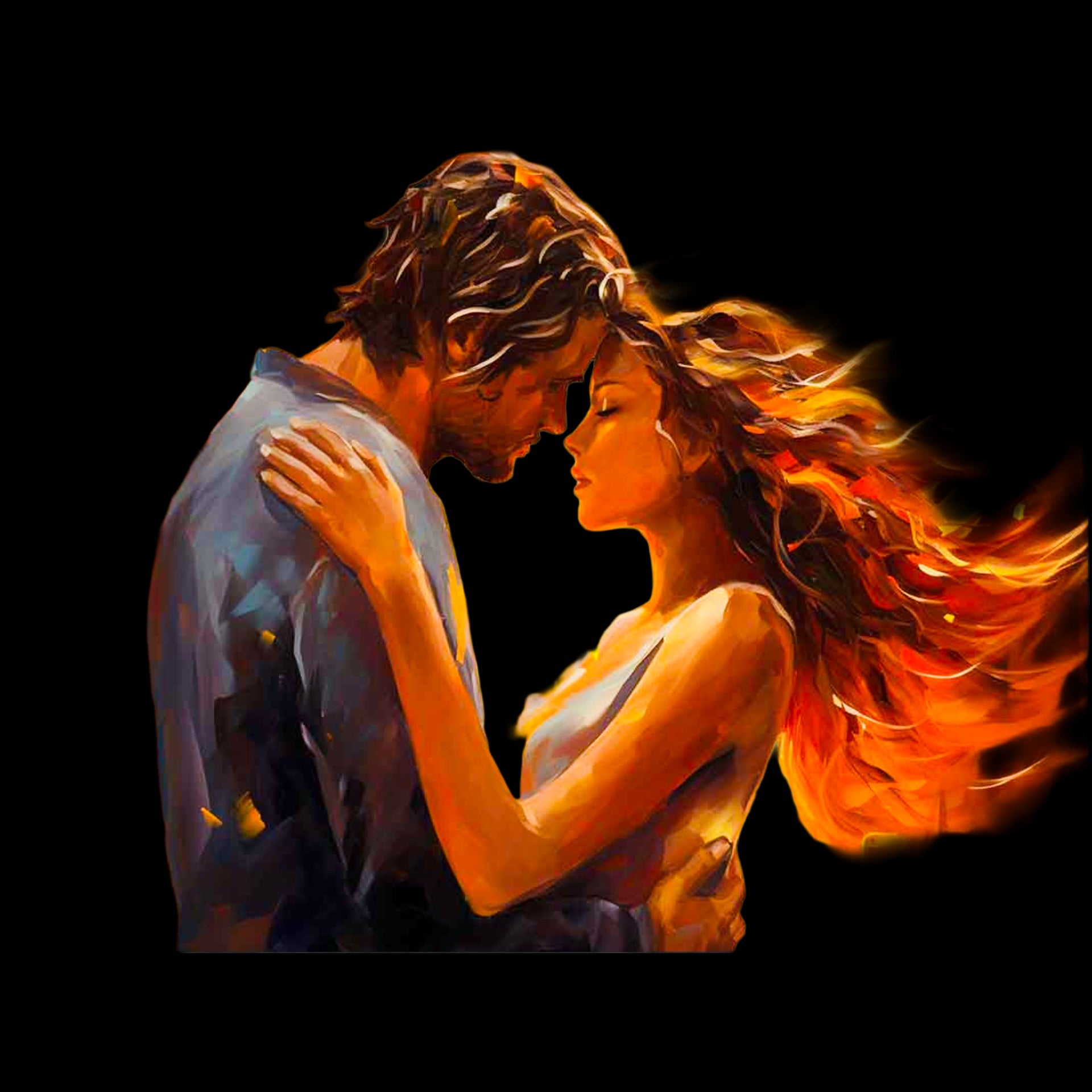 Romantic painting of a couple embracing with warm fiery colors on a black background