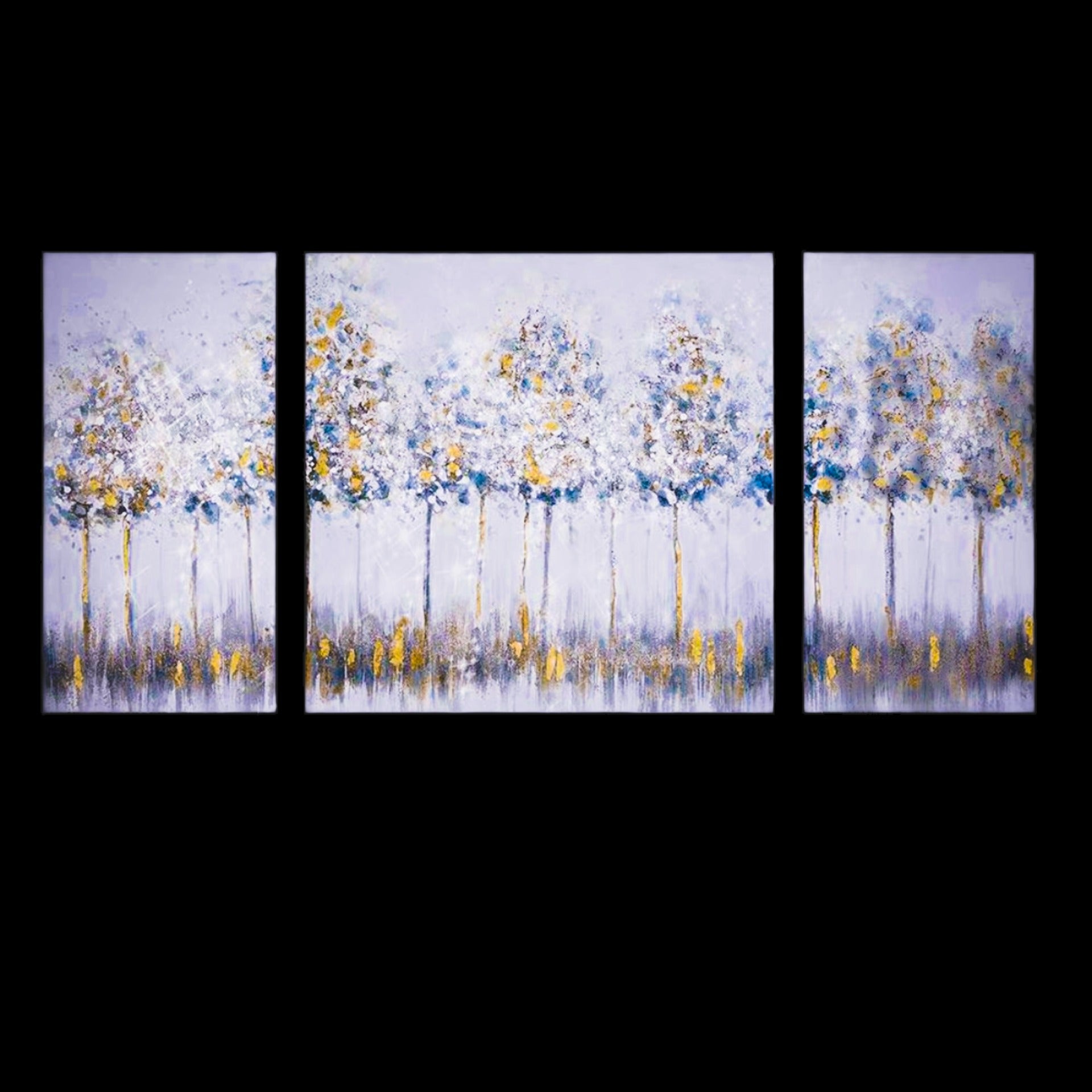 Luxury abstract tree canvas wall art set in blue and gold tones, designed as a calming statement piece for upscale interiors