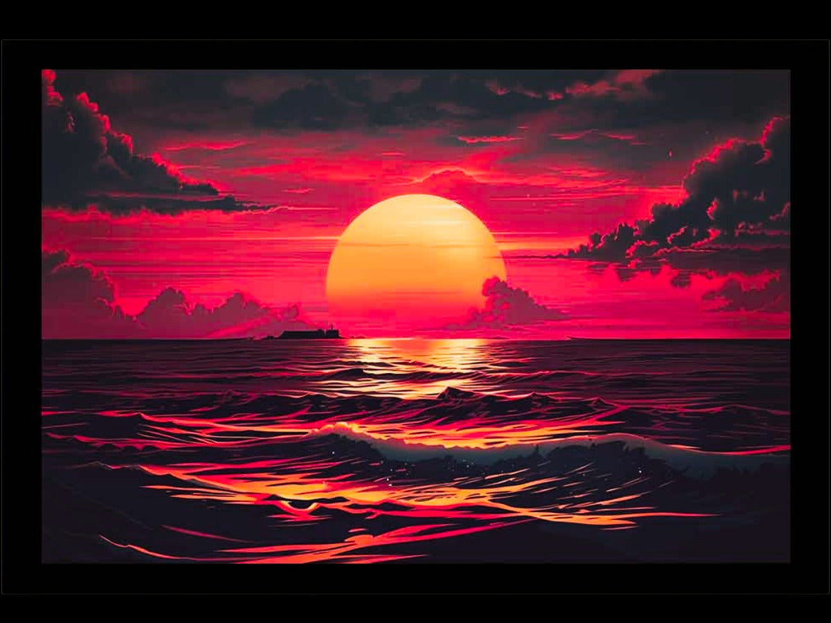 Luxury framed wall art of a pink and orange sunrise over the ocean with soft clouds – modern coastal décor by Sundara Casa.